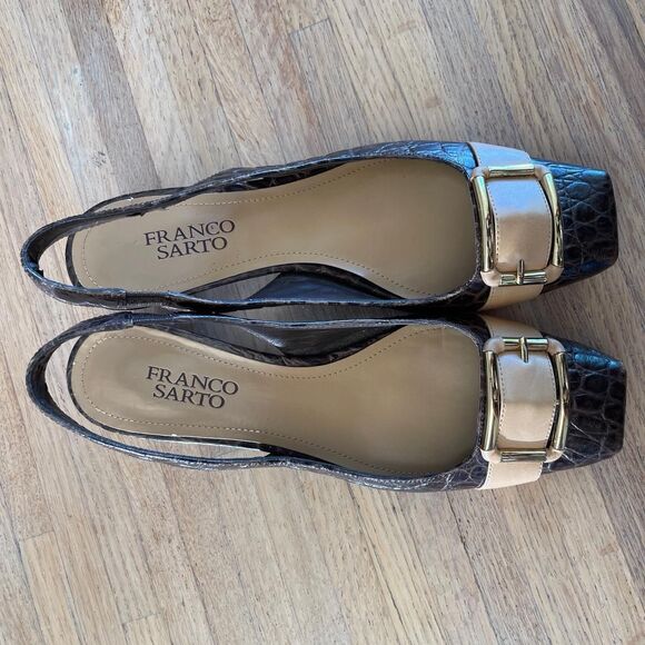 Vintage Y2K Franco Sarto Slingback Heels Brown Buckle Kitten Block Shoes 7.5M - Picture 2 of 8